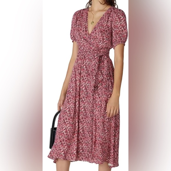 ba&sh Dresses & Skirts - Ba&sh Noemie Fuchsia Floral Short Sleeve Wrap Midi Dress in size 4